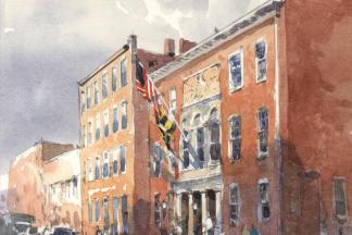 Watercolor of the front of the Peale Museum building on Holliday Street in Baltimore. 